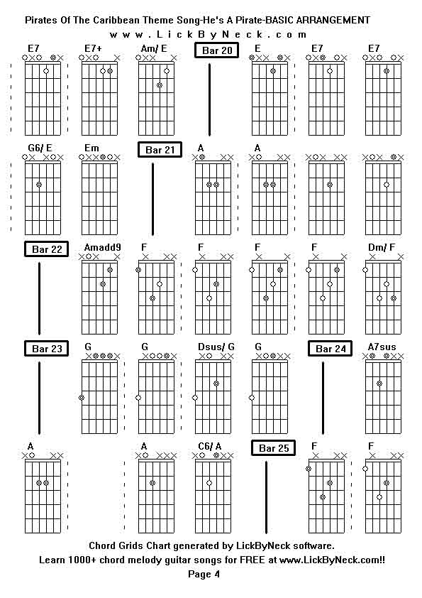 Chord Grids Chart of chord melody fingerstyle guitar song-Pirates Of The Caribbean Theme Song-He's A Pirate-BASIC ARRANGEMENT,generated by LickByNeck software.